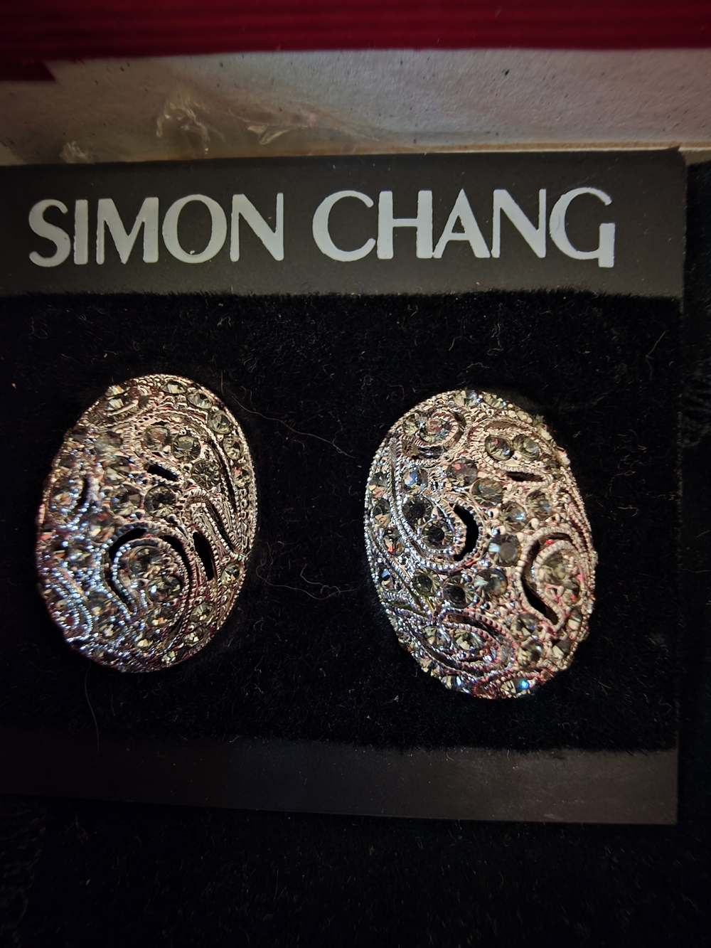 Simon Chang Silver-Tone Filigree Oval Clip-On Earrings with Crystal Accents